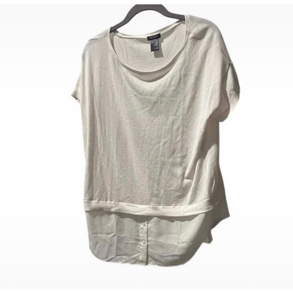Ann Taylor Mixed Media Top Women Large Ivory Excellent Button Back Layered Knit